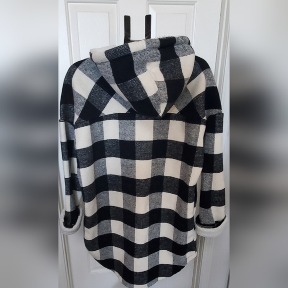 Black and Ivory Plaid Hooded Coat - Picture 2 of 9